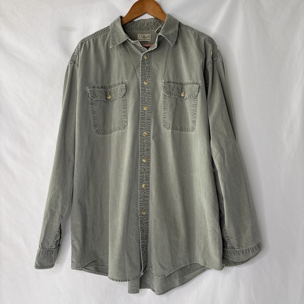 Vtg LL Bean Shirt Mens XLT Sunwashed Canvas Cotton Green Gorpcore Button Up